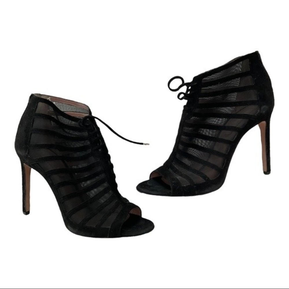 Hugo Boss Pinstripe Suede Mesh Peep Toe Heel Bootie Women's Shoes 38 Black